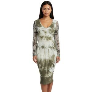 TOP STYLE Womens Small Bodycon Dress Green Olive Tie-Dye Long Sleeve V-Neck Boho